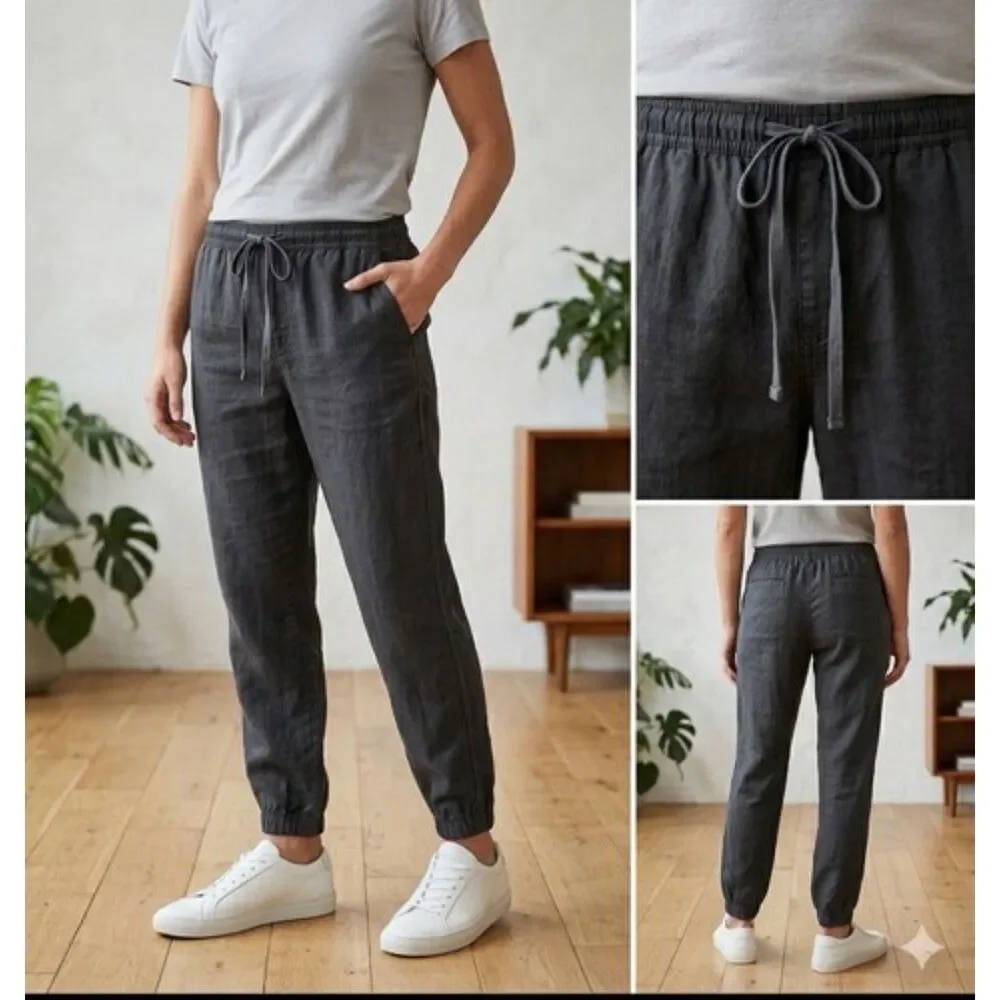 Aerie Womens Baggy Pants L Gray Tie Jogger Elastic Waist High Rise minimal New